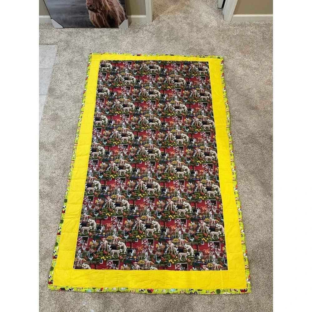 Handmade Farm Animal Quilted Throw Blanket‎ Yellow Border Green Tractor Backing